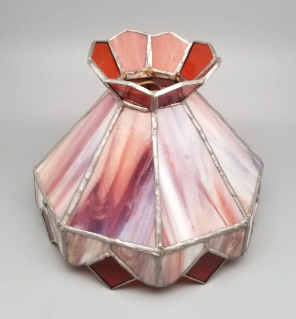 Vintage 8 Panel Slag Glass Shade Red Diamond Points Red Pink White Swirl