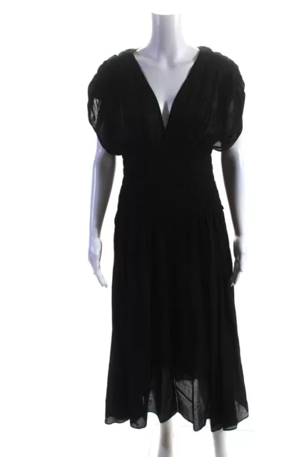 ALC Womens Cotton V-Neck Smocked Waist Sleeveless A-Line Maxi Dress Black Size 4