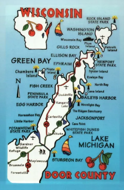 Wisconsin Door County, Green Bay, Lake Michigan, Cherry, WI State Map - Postcard