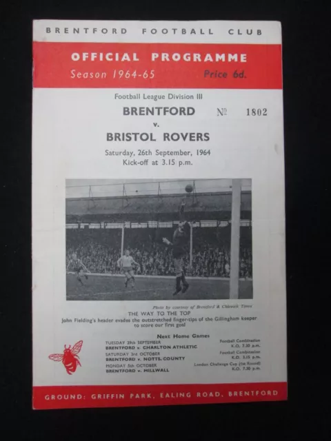 Brentford v Bristol Rovers 26th Sept 1964 Football Programme C29