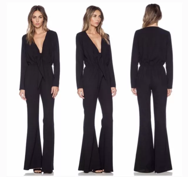 STONE COLD FOX Jumpsuit size Small 1 ‘Stardust’ TIE FRONT PLUNGE Flare Leg Black