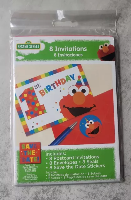 SESAME STREET 1st 1 Elmo BIRTHDAY PARTY 8 INVITATIONS SAVE DATE SEALS ENVELOPES