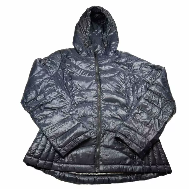 Andrew Marc Packable Premium Down Jacket Women's M Navy Blue Hood Pockets Coat