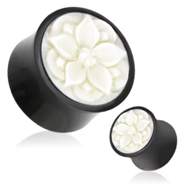 Pair of Organic Buffalo Horn Plug w/ White Hand Carved Bone Flower Inlay E483