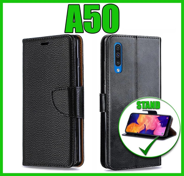 Custodia A Libro Con Chiusura Magnetica Per Galaxy A50 – Finta Pelle Nera Con Porta Biglietti E Supporto