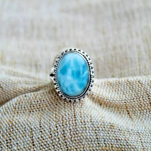 Natural Larimar Gemstone 925 Sterling Silver Handmade Jewelry Ring All Size