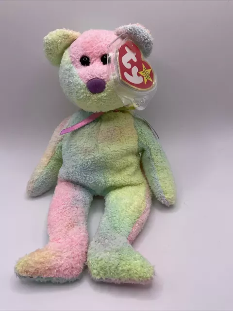 Ty Beanie Babies Groovy The  Multicoloured Bear With Tag In  Plastic Protector