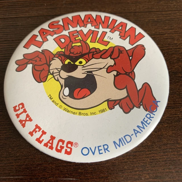 1981 Tasmanian Devil Six Flags Over Mid America 3"  Pinback Button St Louis Mo