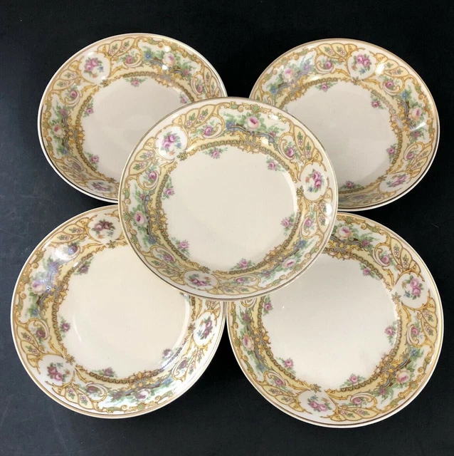 Syracuse China OPCO Rose Marie 5" Fruit Dessert Bowls Floral Gold Rim Set of 5