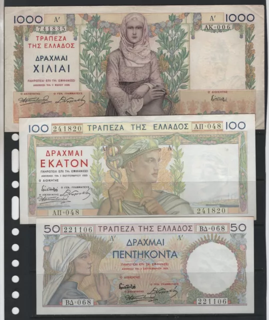 Greece 1935 50, 100, 1000 Drachmas 3 Different Banknotes Avf - Aunc