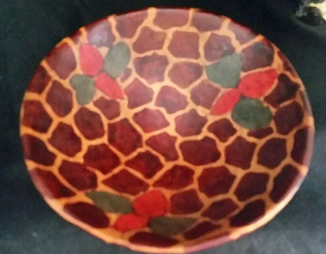 Handcrafted Bowl African Safari Giraffe Design Wood Stained Animal Tribal Art