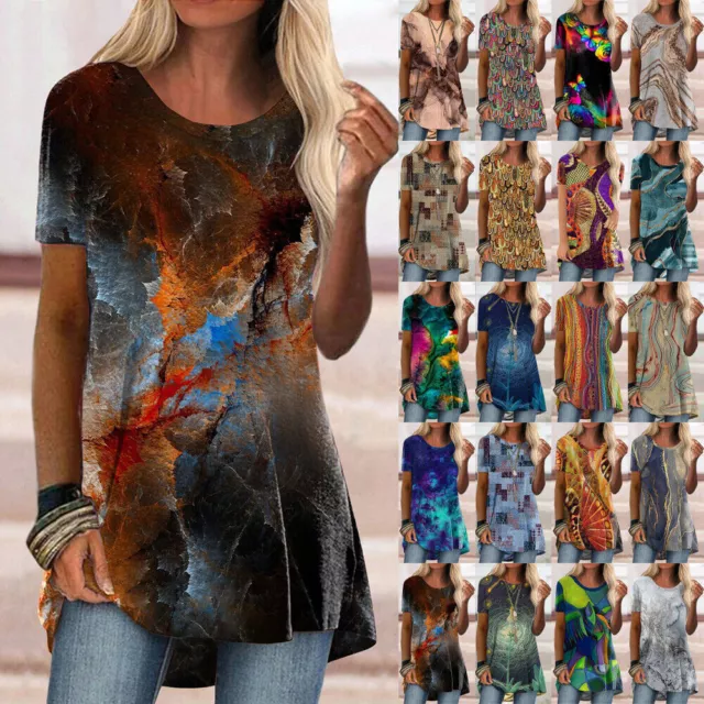 Womens Summer Printed Loose Tunic Tops Ladies Casual Short Sleeve T Shirt Blouse 2