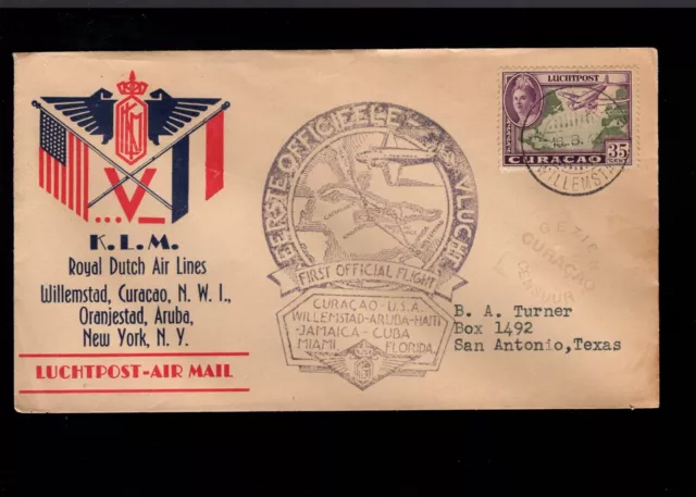 Royal Dutch Airlines Curacao 1st Flight USE Censor 1943 Williamstad Cover z85