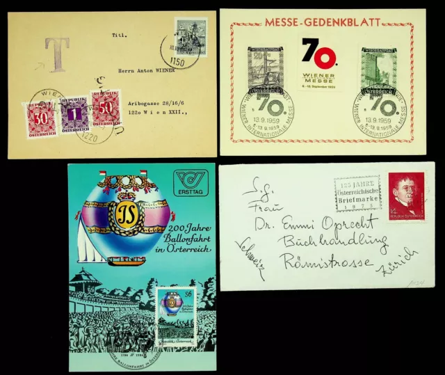 AUSTRIA BALLOON POST PPC+TAXED PC W/P DUE 3v+WIEN FAIR CARD+COVER TO SWITZERLAND