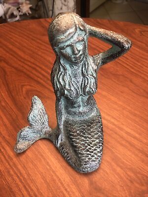 Heavy cast iron sitting mermaid Garden table art statue 6.5” tall