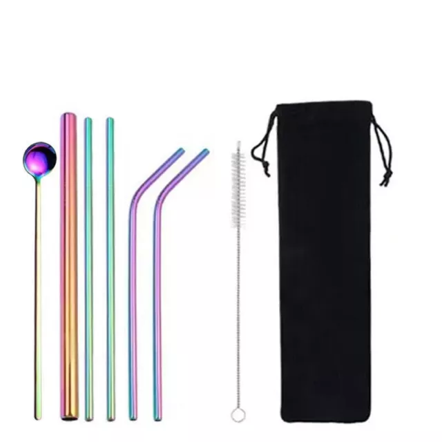 8X Reusable 304 Stainless Steel Straws Metal Drinking Washable Bent Straw+Brush