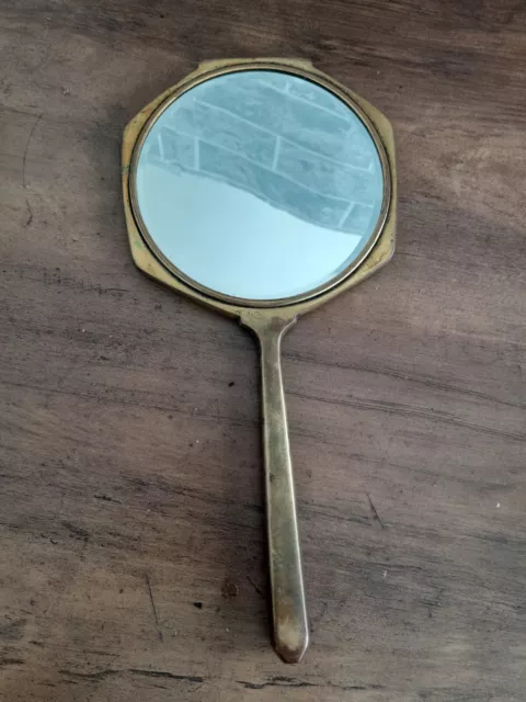 Vintage Art Deco Enamel And Solid Brass Hand Vanity Mirror