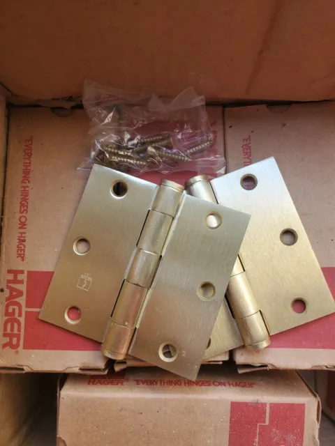 Hager Hinge, Solid Brushed Brass, Set Of Two, Commercial Heavy Duty 3.5 X 3.5