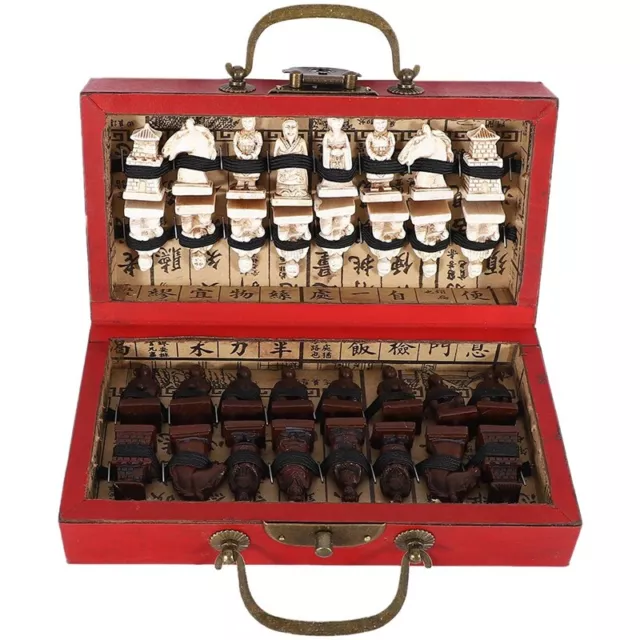 Chinese Wood Leather Box with 32 Pieces Terracotta Figure Chess Set EntertainmG1