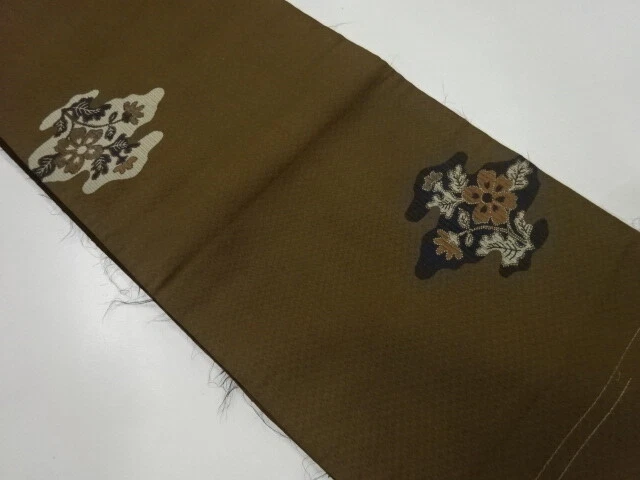 43032# Japanese Kimono / Antique Chuya Obi / Woven Floral Plants