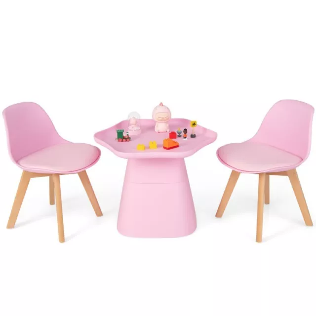 3PCS Flower Shape Kids Play Table and Chairs Set Wooden Activity w/Padded Seat