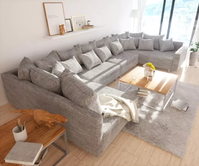 Couch Clovis XL Hellgrau Strukturstoff mit Armlehne Wohnlandschaft modular