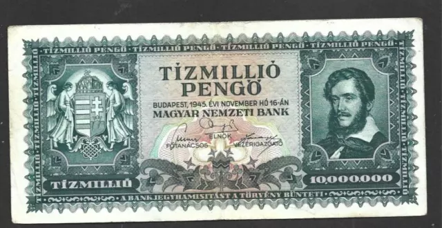 10 Million Pengo Very Fine  Banknote From  Hungary 1945 Pick-123