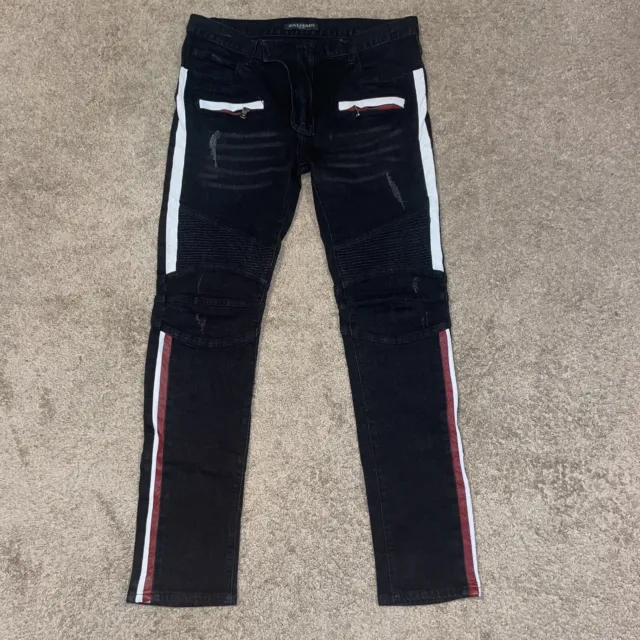 Balmain Paris Italy Black W/ White Red Striped Zippers Ribbed Moto Jeans Size 34