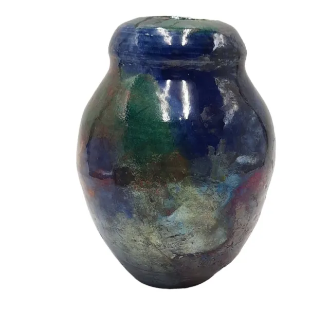 Vintage Signed Hal Raku Art Pottery 5” Vase Iridescent Glaze Artist Signed Hal 2