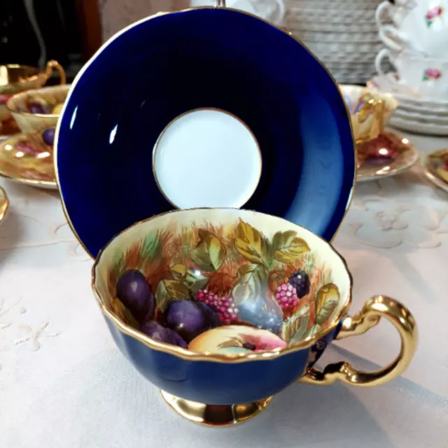 RARE Aynsley ORCHARD GOLD Cobalt Blue Tea Cup and Saucer 3