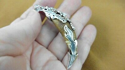 AK-TOOTH-94) 2-1/2" Fossil 1000 yrs old Wolf tooth silver filigree flame pendant