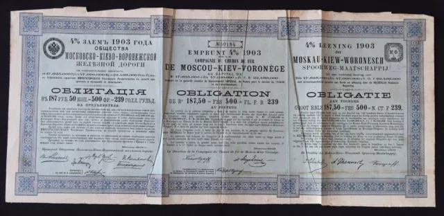 Action 1903 CHEMIN DE FER MOSCOU KIEV VORONEGE Russie train titre bond share 7