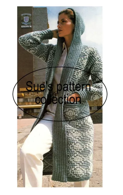 Ladies long line coat with hood vintage knitting pattern in chunky yarn. Patons