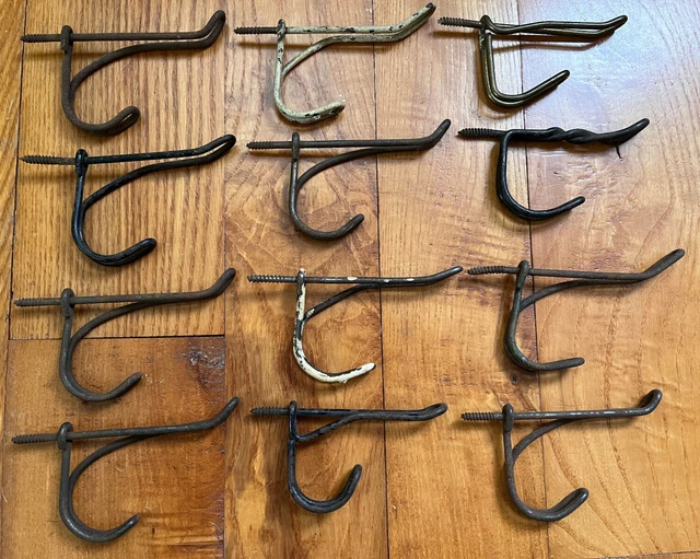 3 Vintage 1930 Farmhouse Bent Metal Wire Coat Hooks Screw Top Hardware