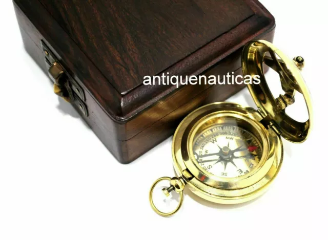 Lot of 5 PCs  2" Brass Nautical Collectible Push Button Compass W/Wooden Box