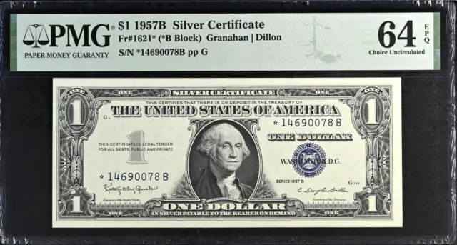 1957B $1 Silver Certificate Star Note, Fr1621*, Pmg Ch Uncirculated 64 Epq 0078