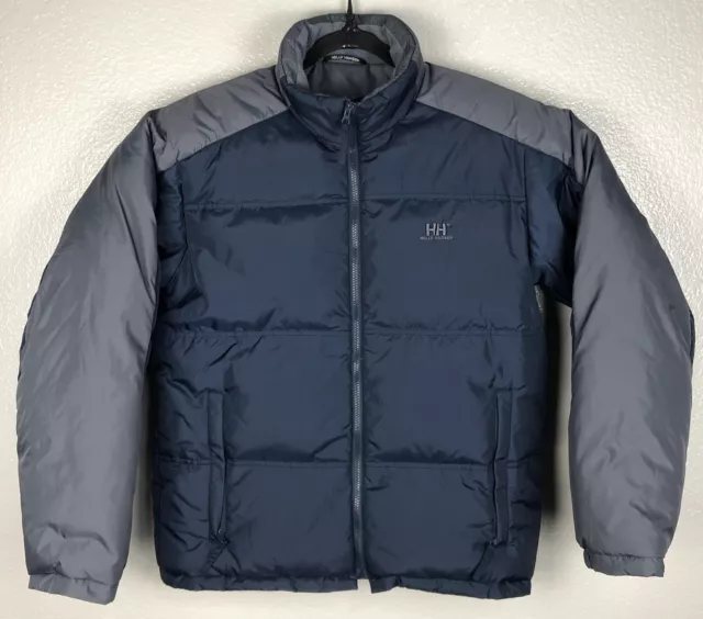 Helly Hansen Down Puffer Jacket Men’s Size Medium Blue Gray Color Block Full Zip