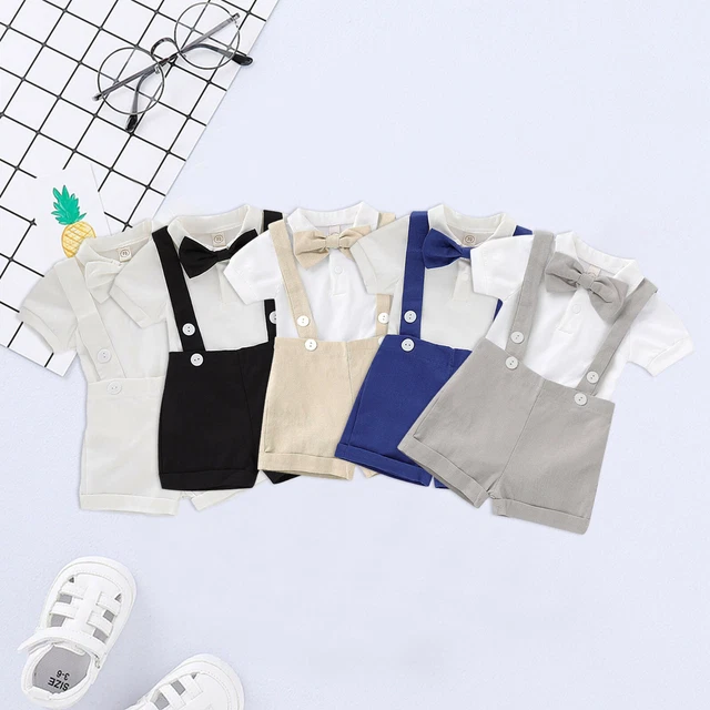 Infant Baby Boys Gentleman Solid Romper Suspenders Strap Shorts Outfits Set