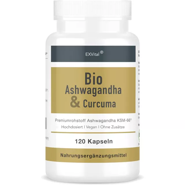 Bio Ashwagandha KSM-66® & Curcuma 120 Kapseln. Premiumrohstoff, hochdosiert