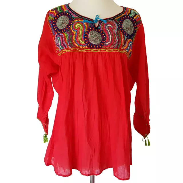 Embroidered Mexican Tunic Top Blouse M/L Red Boho Hand Made Hippie Colorful