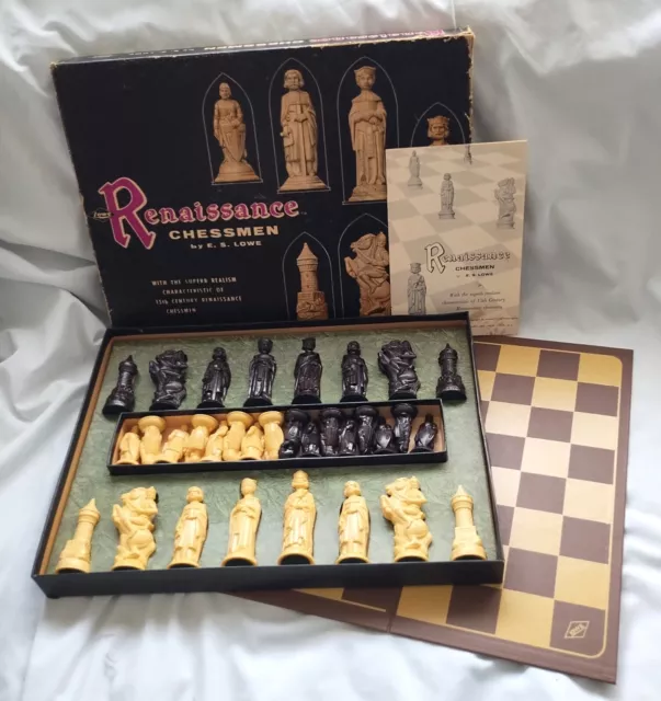 1959 ES Lowes RENAISSANCE Chessmen CHESS SET Complete w/Instructions, Board ANRI