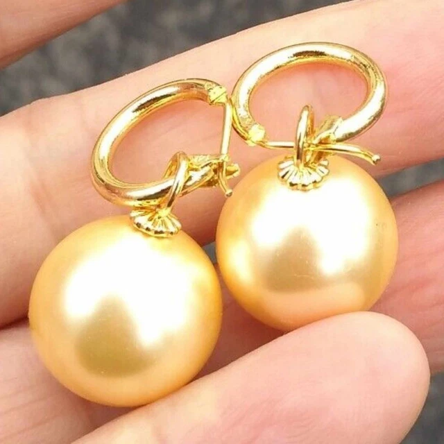16mm Fashion yellow South Sea Shell pearl 14k gold earrings VALENTINE'S DAY