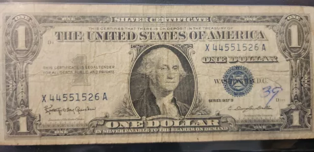 One Dollar 1957B Silver Certificates Circulated