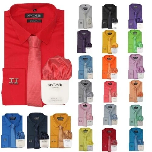 Uomo Cotone Classico Slim Camicia Cravatta Fazzoletto Gemelli Casual Elegante