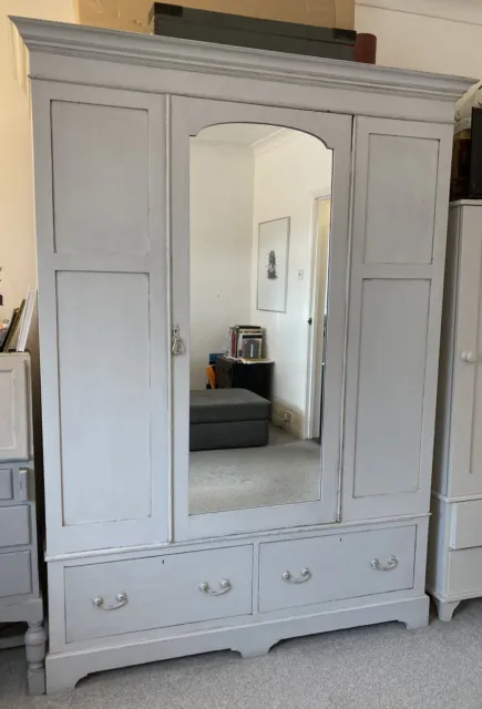 Edwardian Antique Wardrobe Painted Grey with Mirror & Drawers Vintage