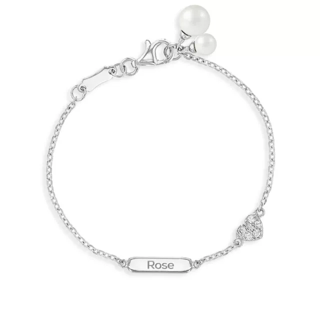 925 Zircon Cubique Argent Sterling Coeur Simulé Perle Id Bracelet pour Filles