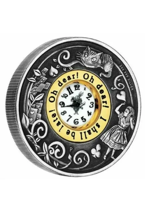 2015 150th Anv of Alice Adventures in Wonderland 2oz Silver Antiqued Clock Coin