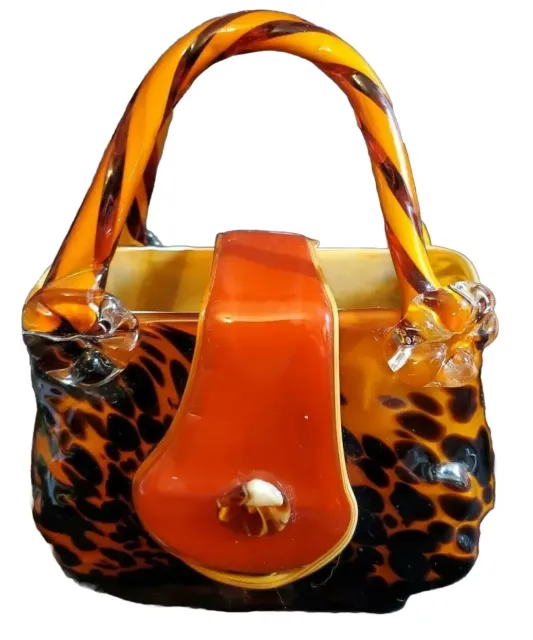 Awesome Murano Hand Blown Italian Art Glass Vase Handbag Shape Cheetah Twist 8"H