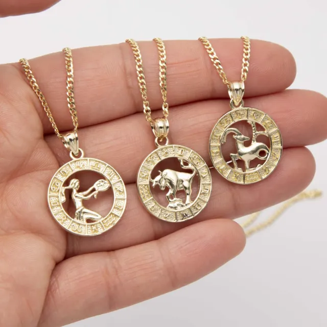 1" Zodiac Pendant Necklace Real 10K Yellow Gold All Sizes