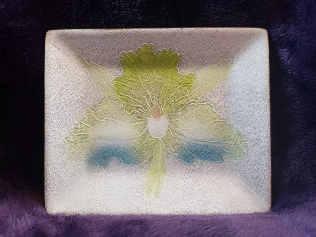 Vintage Ando Cloisonne Japanese Plate Dish Yellow Iris Flower Rectangle 4"×4.75"